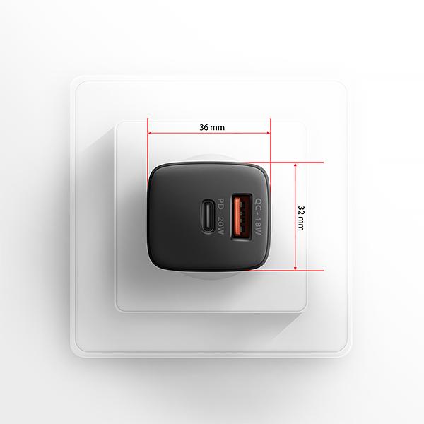 AXAGON ACU-PQ20 nabíjačka do siete 20W, 2x port (USB-A + USB-C), PD3.0/ PPS/ QC4+/ AFC/ Apple, čierna 