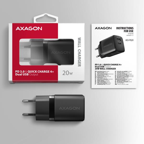 AXAGON ACU-PQ20 nabíjačka do siete 20W, 2x port (USB-A + USB-C), PD3.0/ PPS/ QC4+/ AFC/ Apple, čierna 