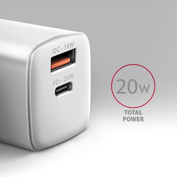 AXAGON ACU-PQ20W nabíjačka do siete 20W, 2x port (USB-A + USB-C), PD3.0/ PPS/ QC4+/ AFC/ Apple, biela 