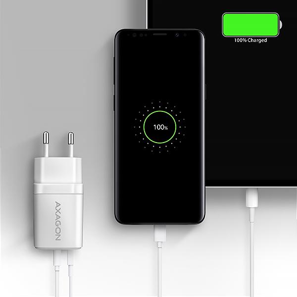 AXAGON ACU-PQ20W nabíjačka do siete 20W, 2x port (USB-A + USB-C), PD3.0/ PPS/ QC4+/ AFC/ Apple, biela 