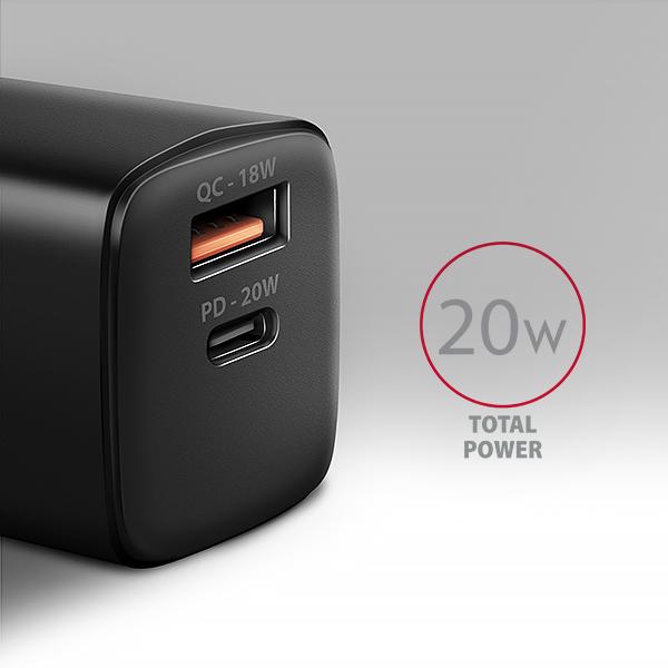 AXAGON ACU-PQ20 nabíjačka do siete 20W, 2x port (USB-A + USB-C), PD3.0/ PPS/ QC4+/ AFC/ Apple, čierna 