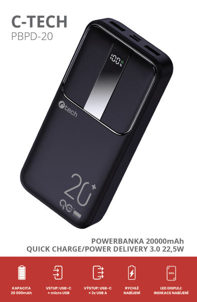 Powerbanka C-tech 20000mAh, Li-Pol, 22, 5W, USB-C/ USB-A/ micro USB 