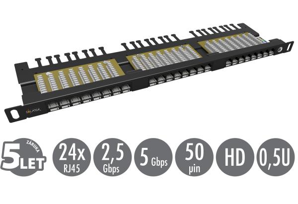 19" patch panel Solarix 24xRJ45 CAT6 UTP s vyvazovací lištou černý 0, 5U SX24HD-6-UTP-BK