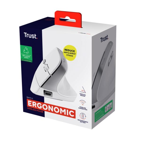 Trust Bayo II/ Vertikálna/ Optická/ Pre pravákov/ 2 400 DPI/ Bezdrôtová USB/ Biela 