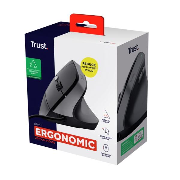 Trust Bayo II/ Vertikálna/ Optická/ Pre pravákov/ 2 400 DPI/ Drôtová USB/ Čierna 