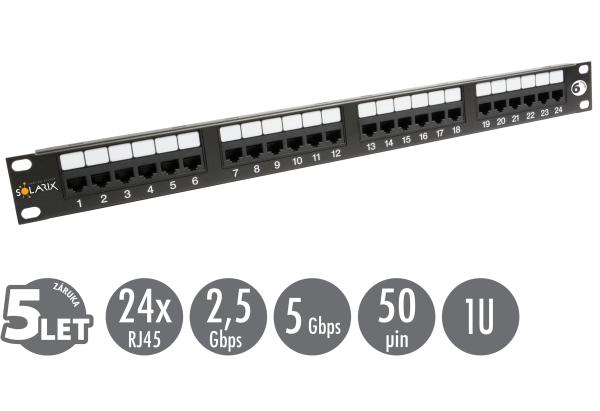 19" patch panel Solarix 24 x RJ45 CAT6 UTP 350 MHz čierny 1U SX24-6-UTP-BK