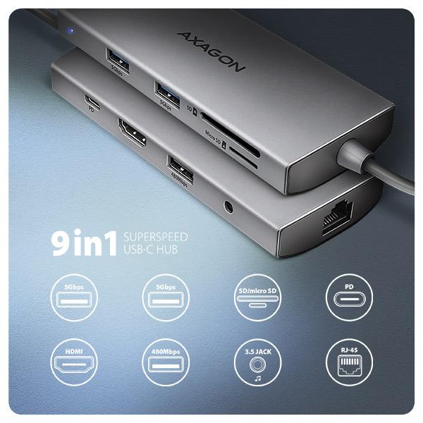 AXAGON HMC-8HLSA, USB 5Gbps hub, 3x USB-A, HDMI 4k/ 60Hz, RJ-45 GLAN, SD/ microSD, audio, PD 100W 