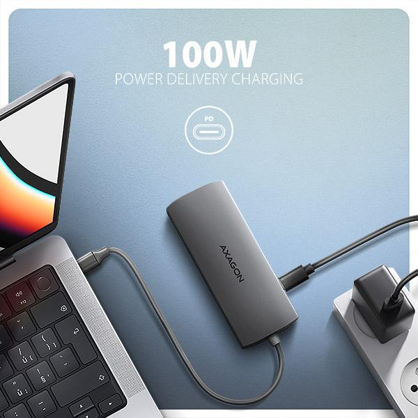 AXAGON HMC-8HLSA, USB 5Gbps hub, 3x USB-A, HDMI 4k/ 60Hz, RJ-45 GLAN, SD/ microSD, audio, PD 100W 