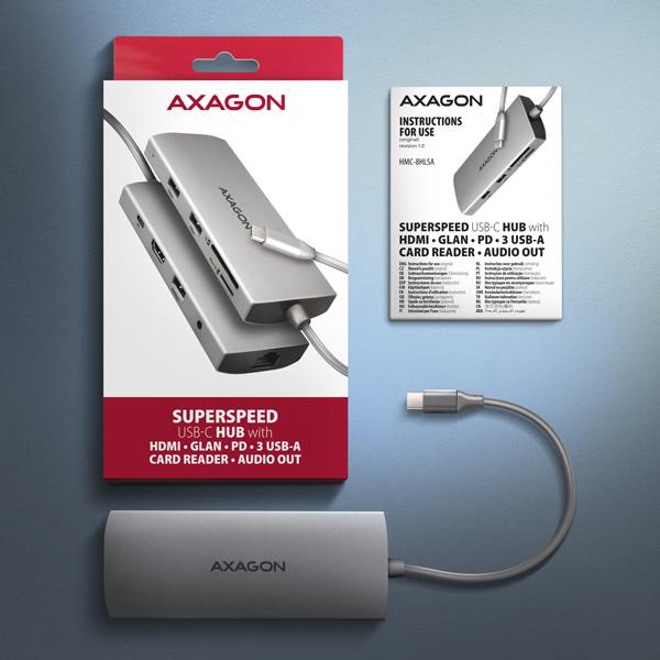 AXAGON HMC-8HLSA, USB 5Gbps hub, 3x USB-A, HDMI 4k/ 60Hz, RJ-45 GLAN, SD/ microSD, audio, PD 100W 