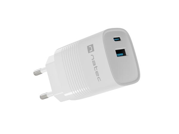 Univerzálna USB nabíjačka Natec RIBERA GaN 30W, 1X USB-A, 1X USB-C, Biela 
