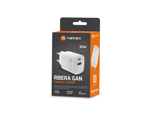 Univerzálna USB nabíjačka Natec RIBERA GaN 30W, 1X USB-A, 1X USB-C, Biela 