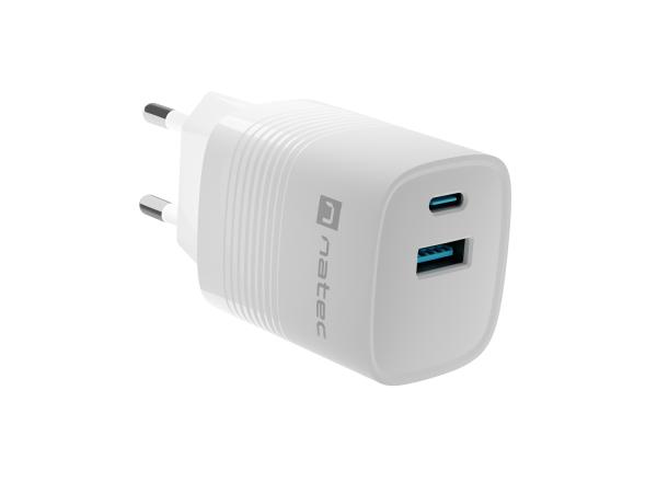 Univerzálna USB nabíjačka Natec RIBERA GaN 30W, 1X USB-A, 1X USB-C, Biela 