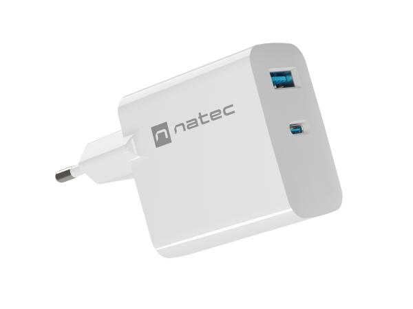 Univerzálna USB nabíjačka Natec RIBERA GaN 45W, 1X USB-A, 1X USB-C, biela 