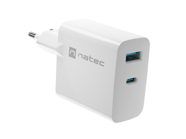 Univerzálna USB nabíjačka Natec RIBERA GaN 45W, 1X USB-A, 1X USB-C, biela 