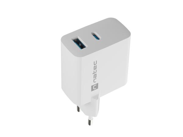 Univerzálna USB nabíjačka Natec RIBERA GaN 45W, 1X USB-A, 1X USB-C, biela