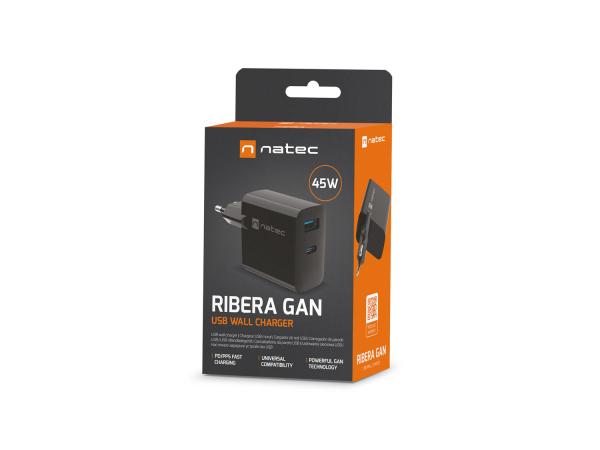 Univerzálna USB nabíjačka Natec RIBERA GaN 45W, 1X USB-A, 1X USB-C, čierna 