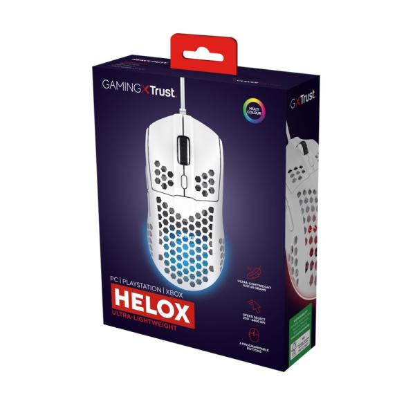Trust Gaming GXT 928W Helox/ Herná/ Optická/ Pre pravákov/ 6 400 DPI/ Drôtová USB/ Biela 
