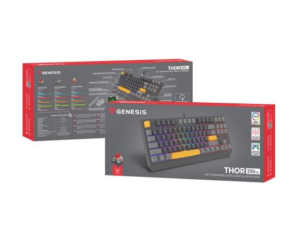 Genesis herná klávesnica THOR 230/ TKL/ RGB/ Outemu Red/ Drôtová USB/ US layout/ Anchor Positive Šedá 
