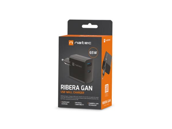 Univerzálna USB nabíjačka Natec RIBERA GaN 65W, 1X USB-A, 1X USB-C, Čierna 