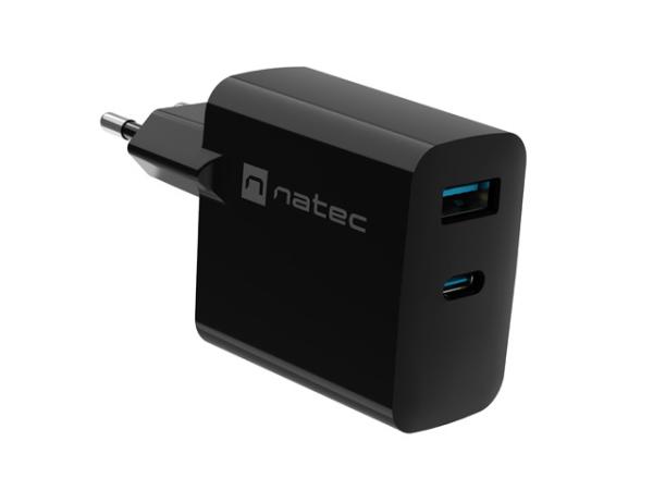 Univerzálna USB nabíjačka Natec RIBERA GaN 65W, 1X USB-A, 1X USB-C, Čierna