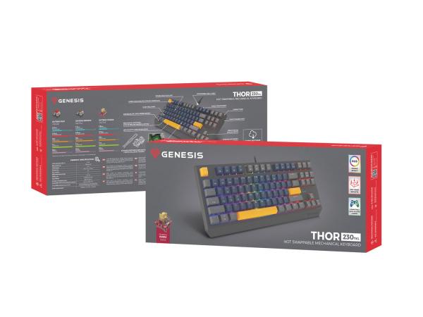 GENESIS herní klávesnice THOR 230/ TKL/ RGB/ Outemu Panda/ Drátová USB/ US layout/ Naval Blue Positive 