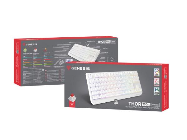 GENESIS herní klávesnice THOR 230/ TKL/ RGB/ Outemu Red/ Bezdrátová USB + Bluetooth/ US layout/ Bílá 