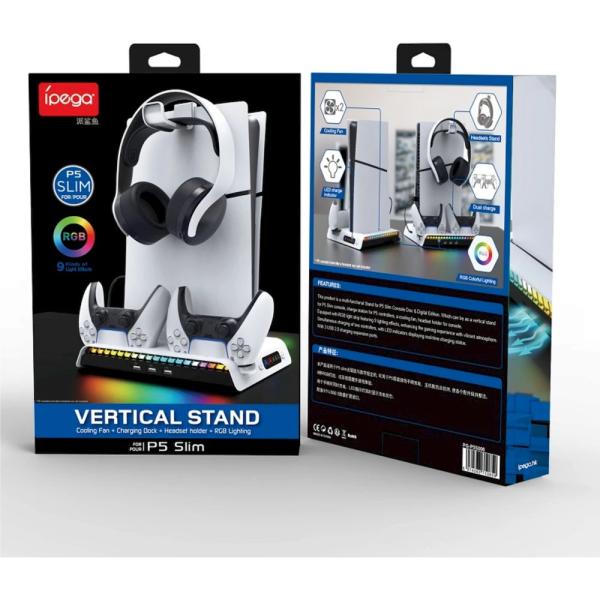 iPega P5S006 Multifunkčný Nabíjací RGB Stojan s Chladením pre PS5 Slim White 