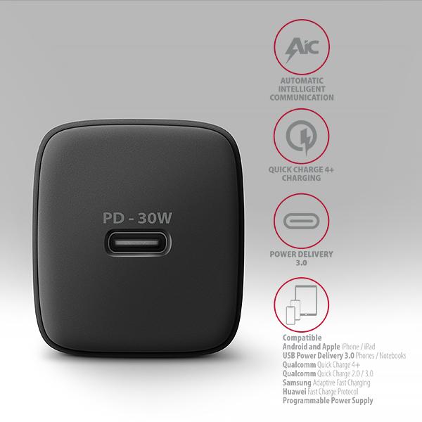 AXAGON ACU-PD30, Sil nabíjačka do siete 30W, 1x port USB-C, PD3.0/ PPS/ QC4+/ SFC/ AFC/ Apple, čierna 