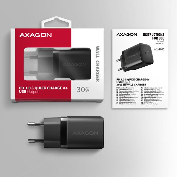 AXAGON ACU-PD30, Sil nabíjačka do siete 30W, 1x port USB-C, PD3.0/ PPS/ QC4+/ SFC/ AFC/ Apple, čierna 