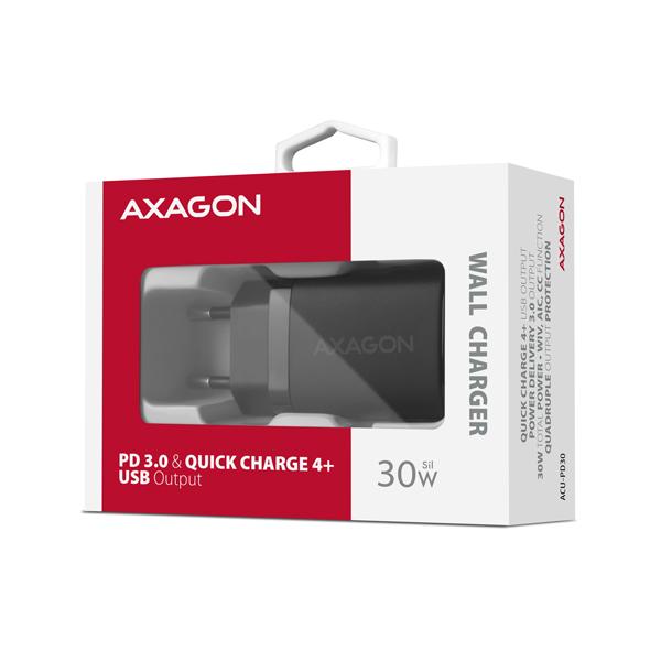 AXAGON ACU-PD30, Sil nabíjačka do siete 30W, 1x port USB-C, PD3.0/ PPS/ QC4+/ SFC/ AFC/ Apple, čierna 