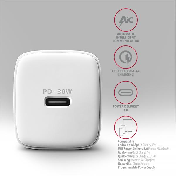 AXAGON ACU-PD30W, Sil nabíjačka do siete 30W, 1x port USB-C, PD3.0/ PPS/ QC4+/ SFC/ AFC/ Apple, biela 