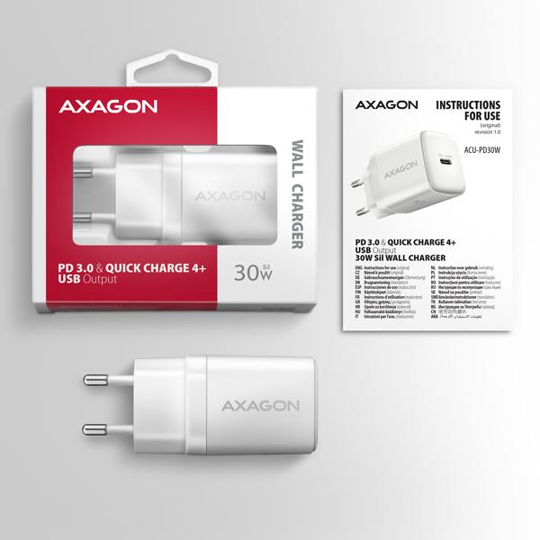 AXAGON ACU-PD30W, Sil nabíjačka do siete 30W, 1x port USB-C, PD3.0/ PPS/ QC4+/ SFC/ AFC/ Apple, biela 