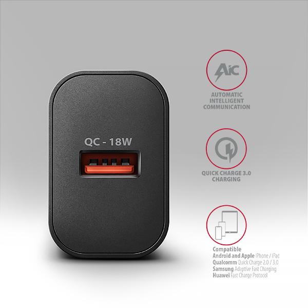 AXAGON ACU-QC18, nabíjačka do siete 18W, 1x port USB-A, QC3.0/ AFC/ Apple, čierna 