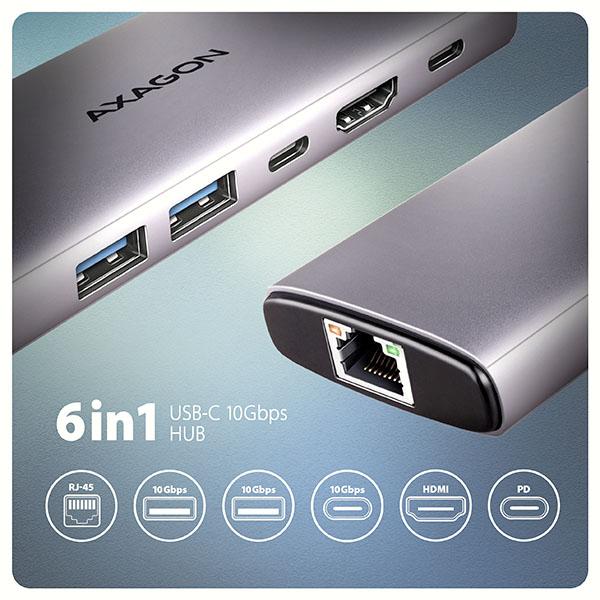 AXAGON HMC-6G2L, USB 10Gb/ s hub, 2x USB-A, 1x USB-C, HDMI 4k/ 60, RJ-45, PD 100W, kábel USB-C 15cm 