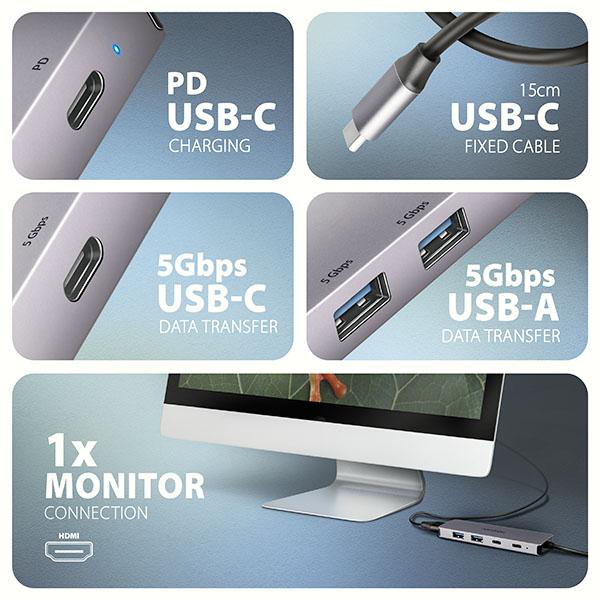 AXAGON HMC-5H60, USB 5Gbps hub, porty 2x USB-A, 1x USB-C, HDMI 4k/ 60, PD 100W, kábel USB-C 15cm 