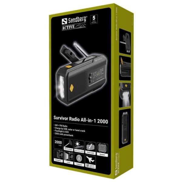 Sandberg Surviovor All-in-1 2000 mAh, FM/ AM rádio s ďalšími funkciami, čierna 