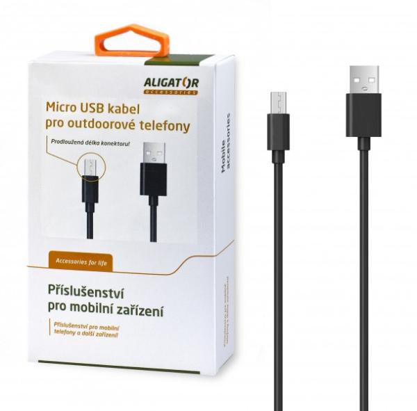 Aligator Dátový kábel s predĺženým microUSB konektorom, 2A, čierny 