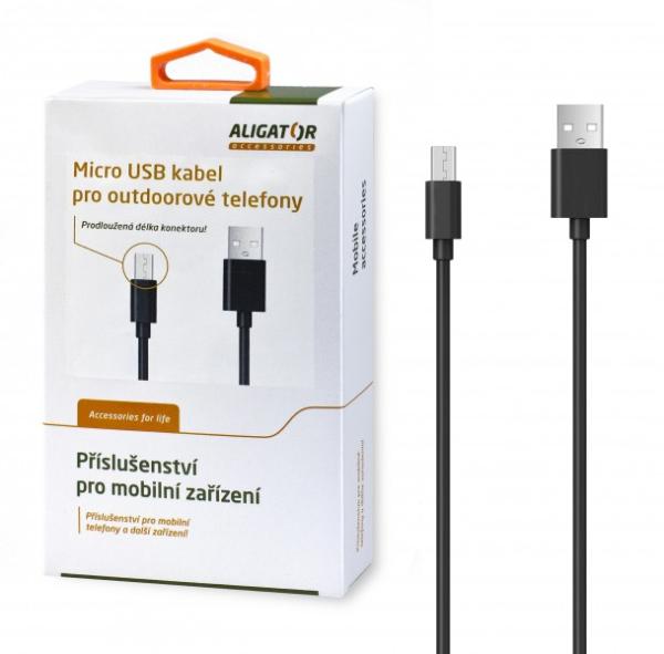 Aligator Datový kabel s prodlouženým microUSB konektorem, 2A, černý 