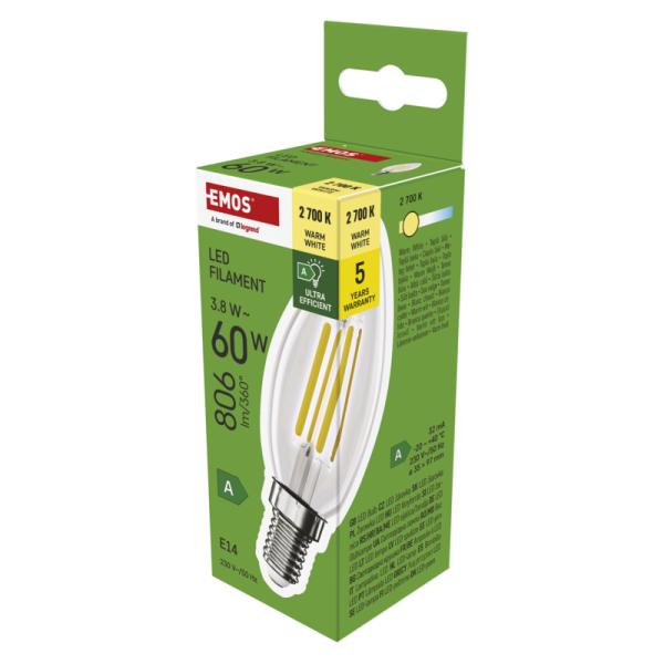EMOS LED FLM CANDLE 3, 8 W (60 W) 806lm E14 WW A CLASS 