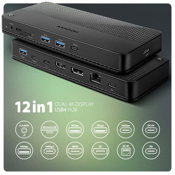 AXAGON HMC-U4, USB4 40Gbps dock, 3x USB-A, 2x USB-C, HDMI & DP 8K/ 30Hz, RJ-45, SD/ mSD, audio, PD100W 
