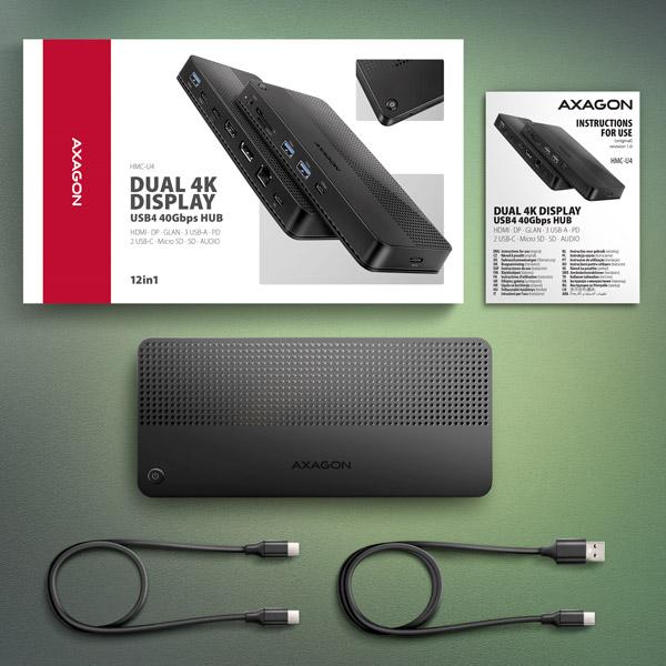 AXAGON HMC-U4, USB4 40Gbps dock, 3x USB-A, 2x USB-C, HDMI & DP 8K/ 30Hz, RJ-45, SD/ mSD, audio, PD100W 