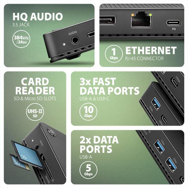 AXAGON HMC-U4, USB4 40Gbps dock, 3x USB-A, 2x USB-C, HDMI & DP 8K/ 30Hz, RJ-45, SD/ mSD, audio, PD100W 