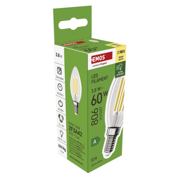 EMOS LED FLM CANDLE 3, 8 W (60 W) 806lm E14 WW A CLASS 