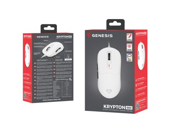 Genesis herná myš KRYPTON 660/ Herná/ Optická/ 12 000 DPI/ Drôtové USB-A/ Biela 