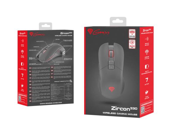 Genesis herná optická myš ZIRCON 330/ RGB/ Herná/ Optická/ 3 500 DPI/ Bezdrôtová USB/ Čierna-červená 