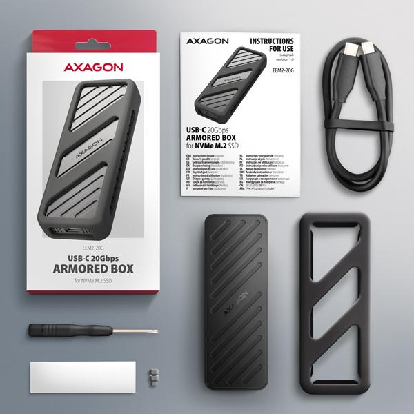 AXAGON EEM2-20G, USB-C 20Gbps - M.2 NVMe SSD kovový ARMORED box 