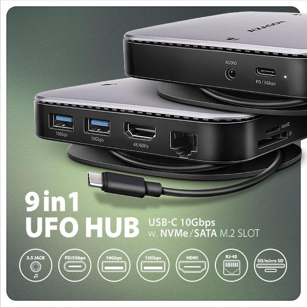 AXAGON HMC-UFO, USB 10Gbps hub, 2x USB-A, USB-C, HDMI 4k/ 60, RJ-45, M.2 slot, SD/ mSD, audio, PD 