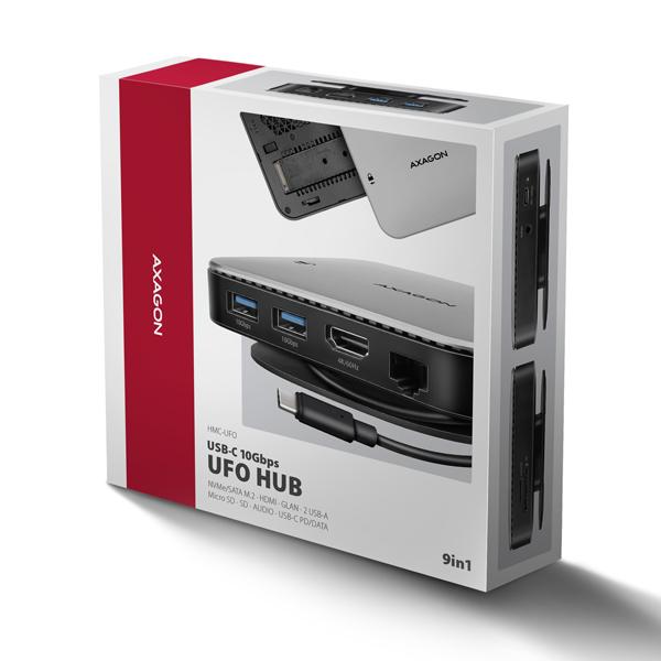 AXAGON HMC-UFO, USB 10Gbps hub, 2x USB-A, USB-C, HDMI 4k/ 60, RJ-45, M.2 slot, SD/ mSD, audio, PD 