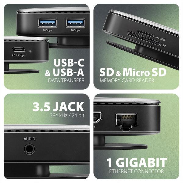 AXAGON HMC-UFO, USB 10Gbps hub, 2x USB-A, USB-C, HDMI 4k/ 60, RJ-45, M.2 slot, SD/ mSD, audio, PD 