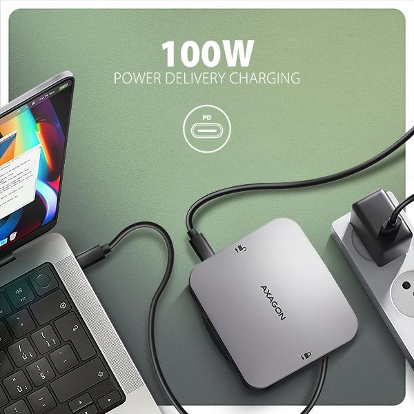 AXAGON HMC-UFO, USB 10Gbps hub, 2x USB-A, USB-C, HDMI 4k/ 60, RJ-45, M.2 slot, SD/ mSD, audio, PD 